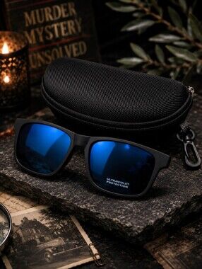 🕯 Men's Matte Black Square Sunglasses UV400 Protective Lenses w/ Hard Case NWT